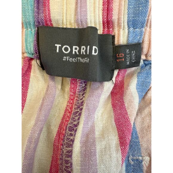 Torrid Plus 16‎ Linen Shorts Purple Pink Stripe Tie Waist Stretch Pockets - Picture 3 of 7
